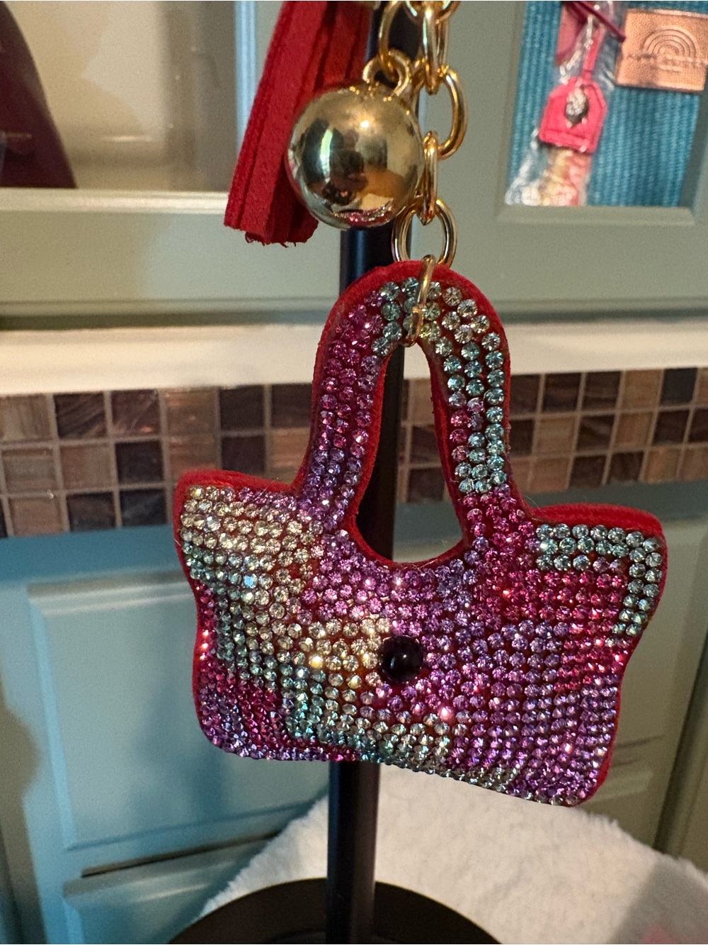 Rhinestone Mini Handbag Keychain in Pink & Multicolor - Picture 4 of 4